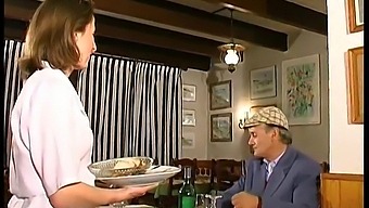 French Brunette Enjoys Threesome In Restaurant With Voyeur Papi
